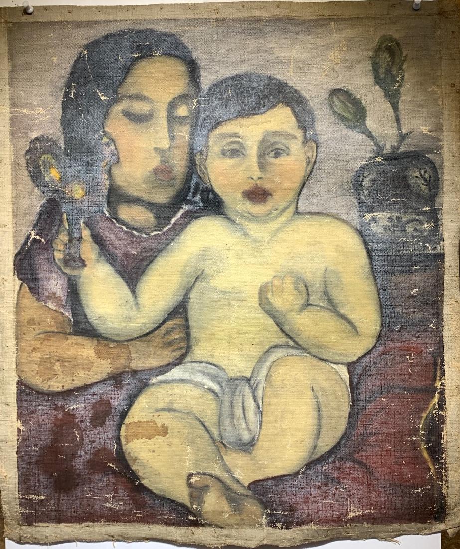 Max Weber(attributed to); 20thC. Modernist Oil - Mother: Oil on unstretched canvas. Mother and Child. Attributed to Max Weber; 23in. X 19.5in.(image size)