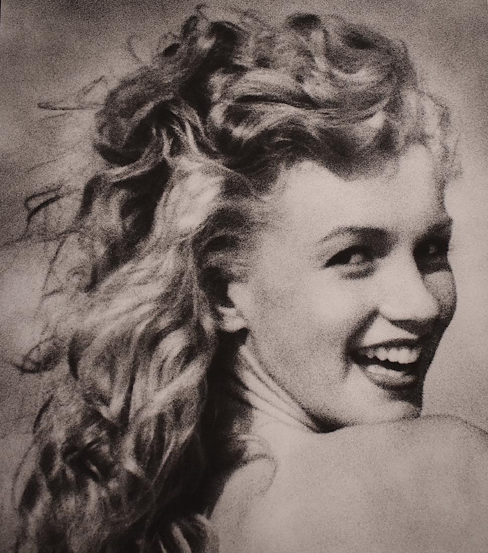 Andre DeDienes Photograph. Marilyn Monore. W/Stamp: Photographer's Back stamp Andre DeDienes. 1401 Sunset Plaza Drive, Hollywood, California. Also with copyright stamp at the bottom for the photographer. 23"H. x 20"W.