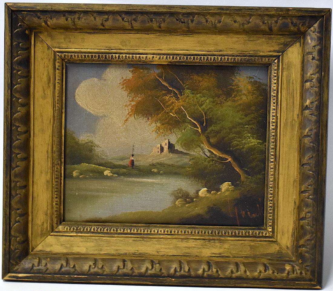 L'Huiller. Charles M. Oil. Castle. Signed: Lhuiller, Charles Marion (French 1824-1898). Oil on board, Castle on a lake with tree, signed. Listed artist with auction results as high as $3, 313.00) 8"H. x 10"W