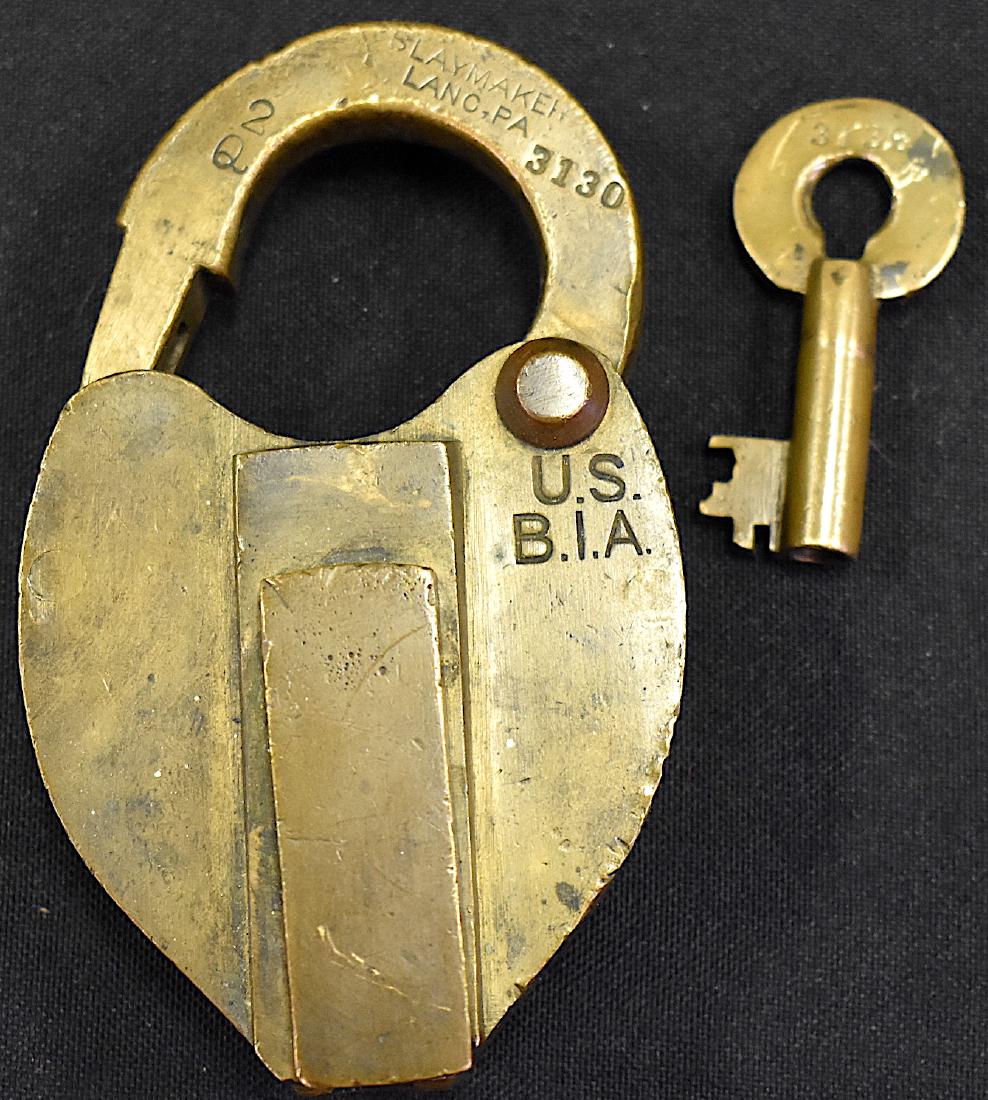 Antique Lock with Key. Slaymaker, Lancaster Pa: Marked Slaymaker, Lancaster, Pa; U.S. B.I.A. 4"H. x 2 1/2"W