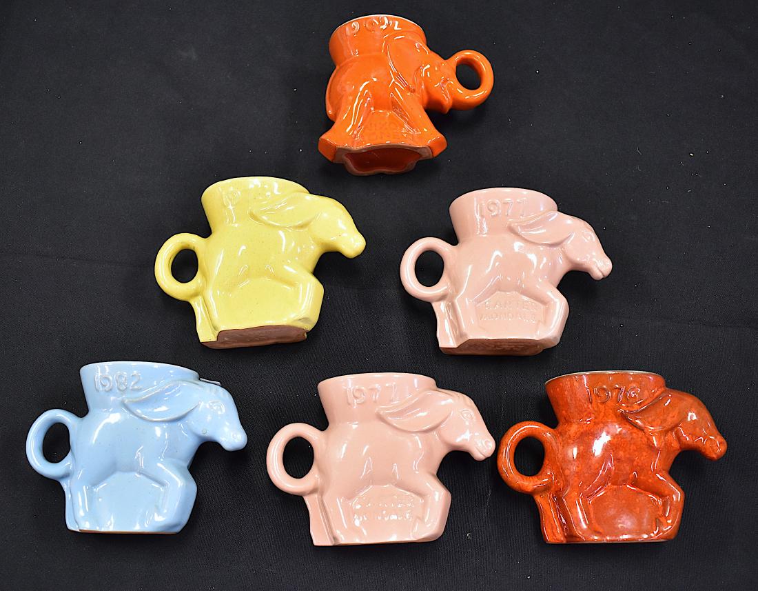 Frankoma Pottery 60's, 70's Political Mugs (6): Six in the lot. Five are Democratic donkey and one is the Republican elephant. Two 1977 marked Carter-Mondale. One dated 1975. One dated 1976. One is marked 1969 Nixon Agnew All Marked Frankoma