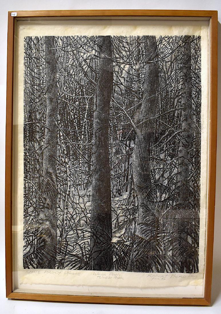 Robert Bero. Artist or State Proof Etching.: Woods Path Tuxedo Park Inscribed in pencil. Signed lower right Robert Bero. Imp. Framed. 37"H. x 26 1/2"