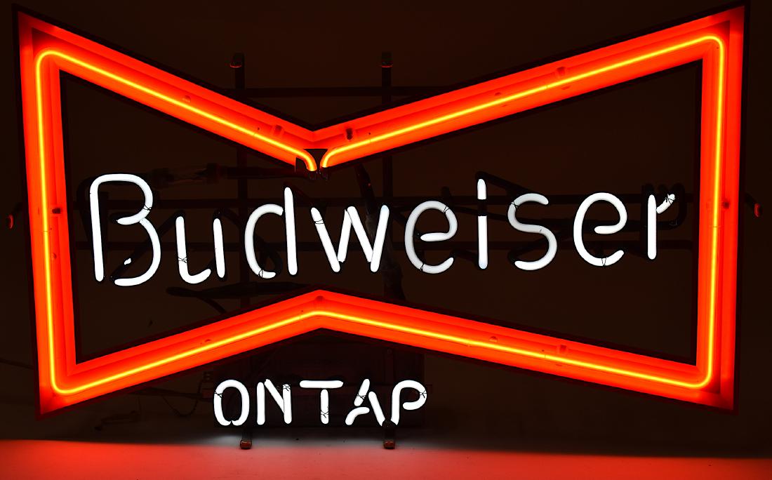 Budweiser on Tap Neon Sign: Budweiser on Tap Original box in which it came. 28"L or wide by 19"H.