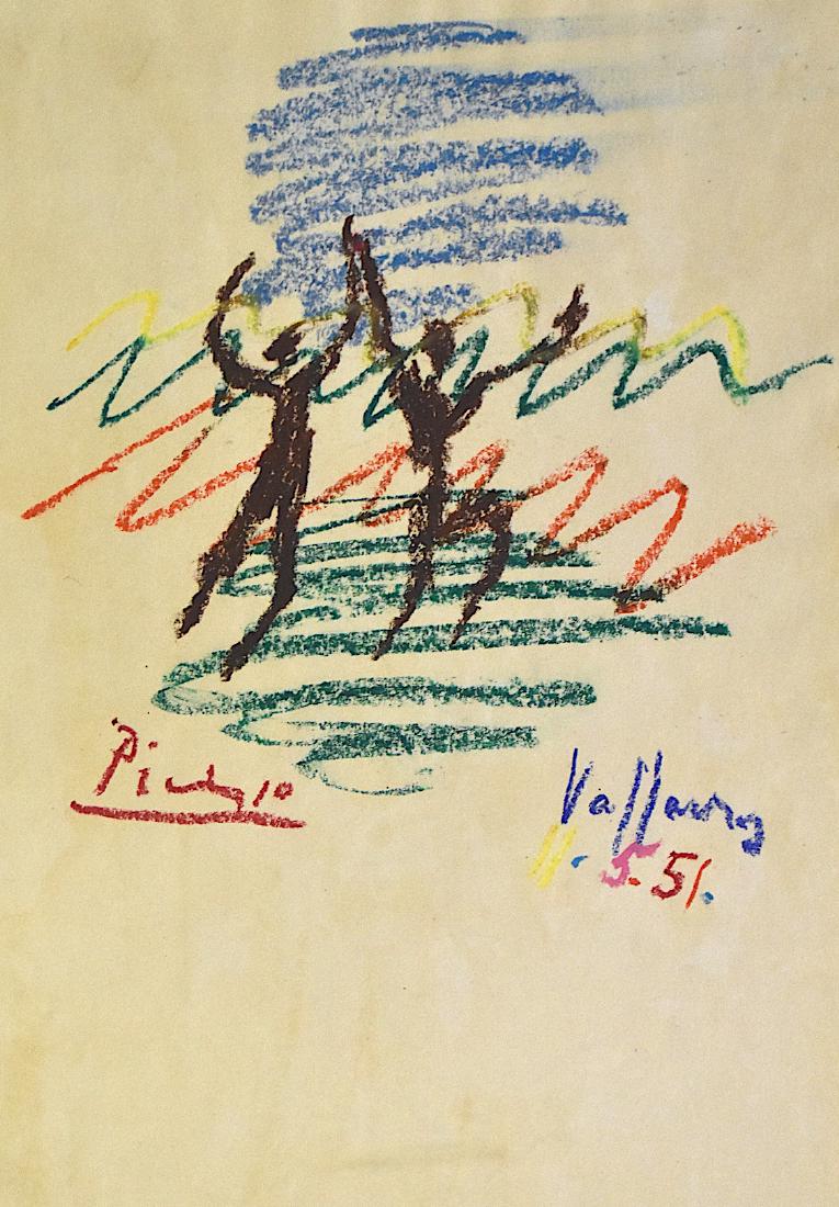 Drawing in Crayon "After" Picasso: Two sided Drawing in crayon. One side with a preliminary sketch. Signed at the front Picasso and Villauris and dated 55. Beautifully framed. Size of work is 16"H x 11"W. Overall 24"H x 18"W