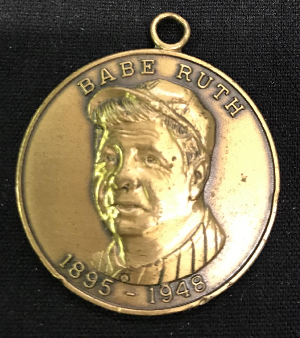1948 Babe Ruth Shrine Club Bronze Medallion: Bas relief portrait at the front side of the baseball icon. Marked Babe Ruth 1895-1948. At the reverse marked Huntington Shrine Club BAseball Tournament. "To Support shrine Crippled Children's Hospita