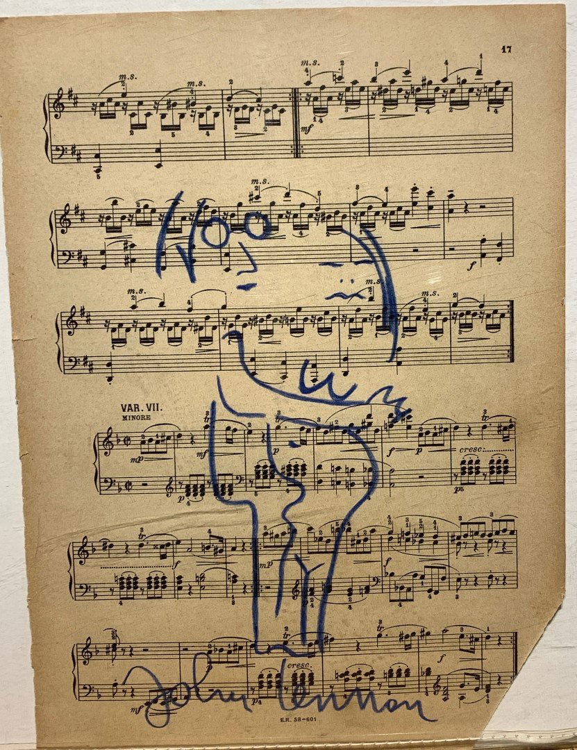 John Lennon(after); 20thC.Crayon Sketch - John and Yoko: Crayon on old sheet music. Sketch of John and Yoko. After John Lennon. Bears signature; 9in. X 6in.(image), 12.5in. X 9in.(paper)