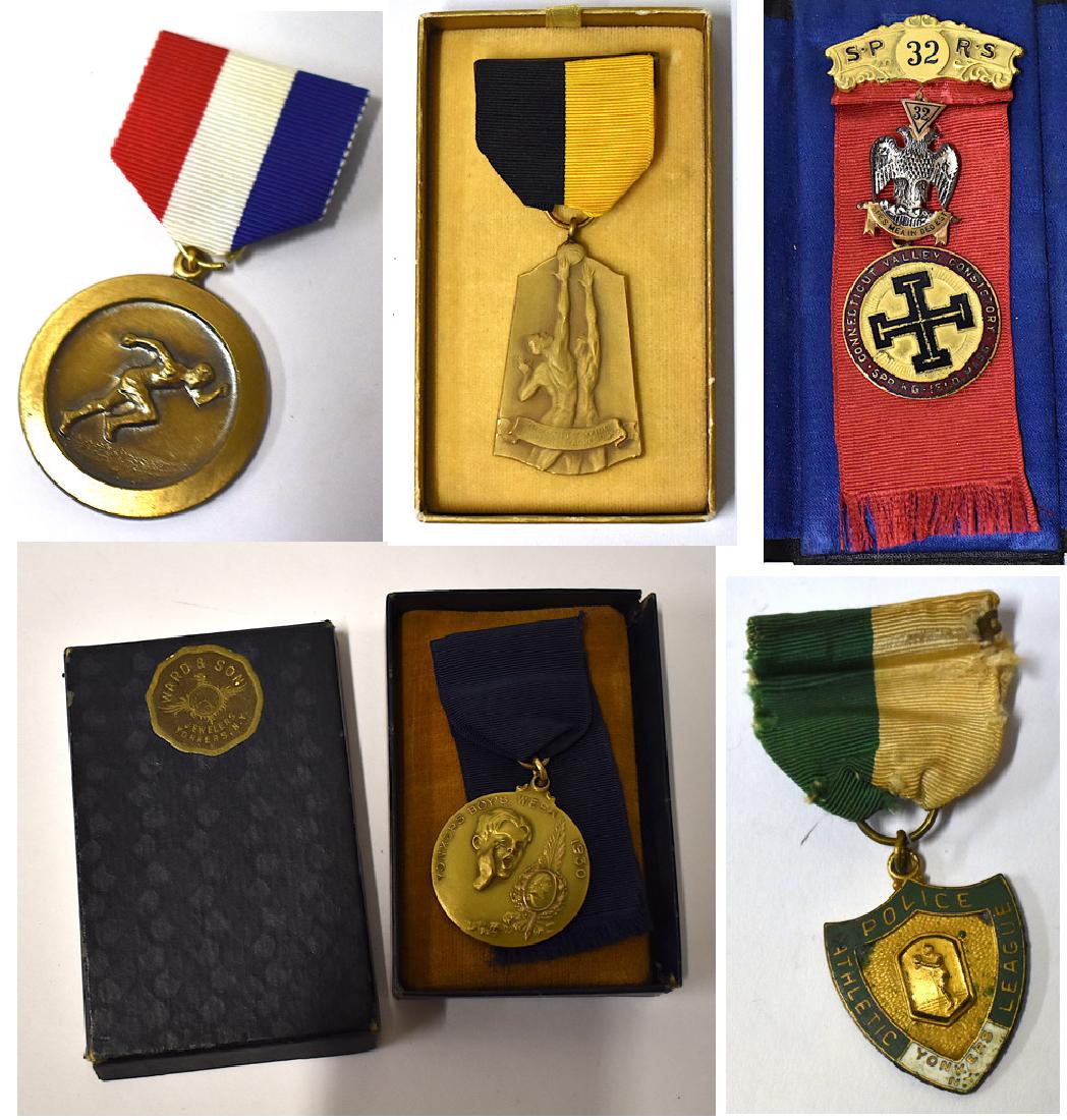 Vintage Medals Mostly NY Police Athletic League(5): Includes 1930 Yonkers New York Boy of the Week Award, 1930's Police Athletic League Running Award Medal, Rare Award Medal . 1922. Robbins. Co.Attleboro Connecticut Valley Consistory. Attleboro, Mass. 