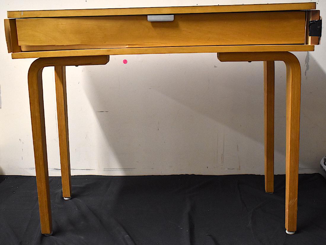 Mid-Century Modern Thonet Desk Sgd.: Blond . One divided drawer signed desk. As is condtiion. Will be visible in photographs. 30"H. x 36"W. x 18"D.