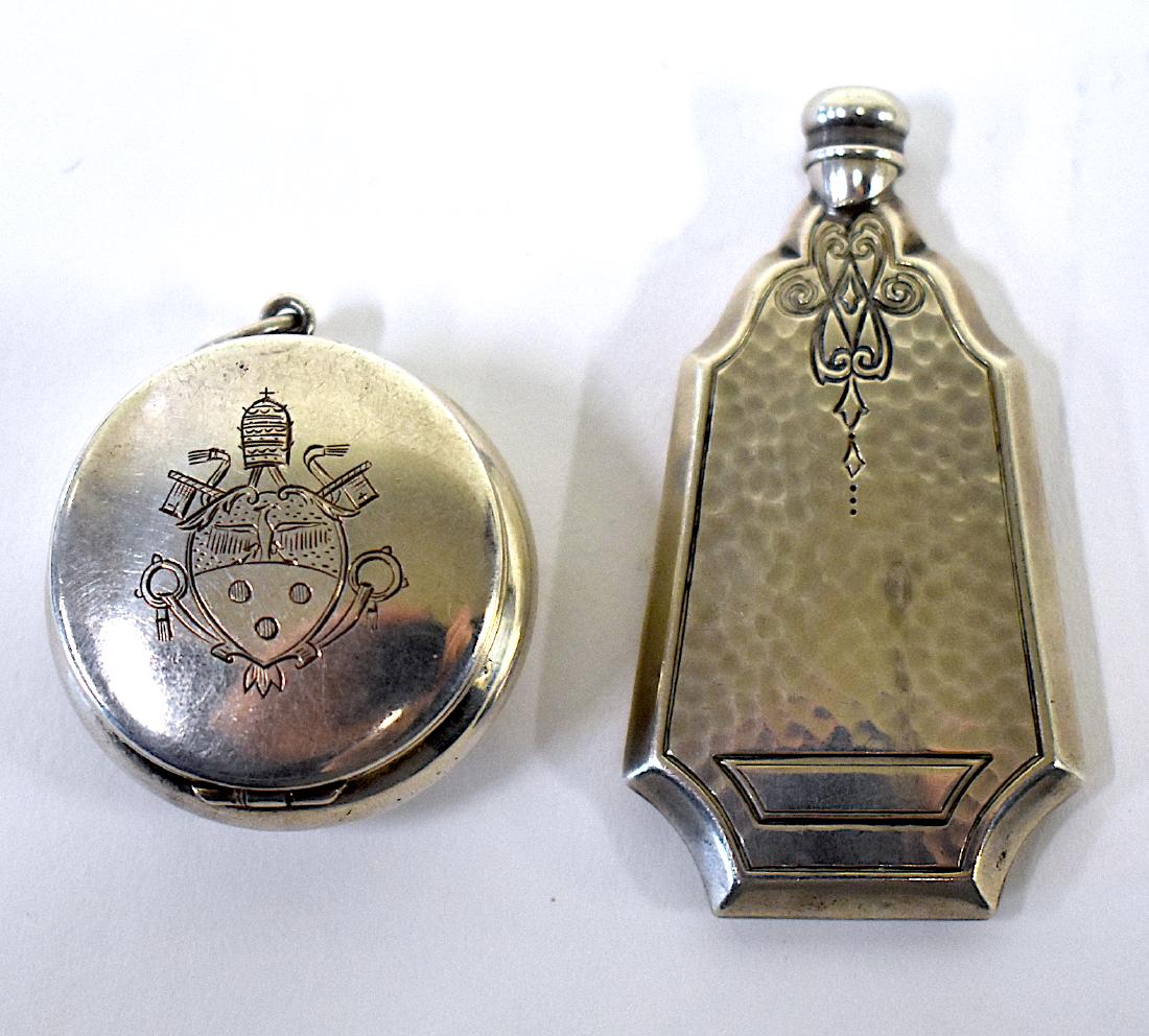 800 Silver Rouge Box. And Sterling Perfume: The silver rouge box is marked 800 and the Art Deco perfume is marked Sterling. 1"D and 2'h.