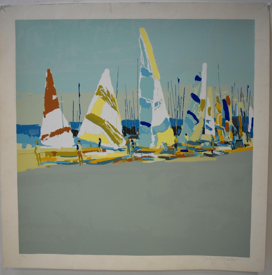 George Italo Botti; 20thC. Lithograph - Sunset Sails: George Italo Botti(1923-2003) color lithograph. Sunset Sails. 1979. Pencil signed and numbered 274/300. Embossed Circle Fine Arts 1979 copyright mark in l.l. margin; Image size: 30.5in. X 30in. Overal