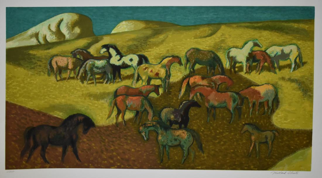 Millard Sheets; 20thC. Serigraph - Broad Mare Pasture: Millard Sheets(1907-1989) Serigraph. Broad Mare Pasture. Pencil signed and numbered 105/250; Image size: 18in. X 33.5in. Overall size: 25in. X 40in. Embossed Circle Fine Arts stamp in margin