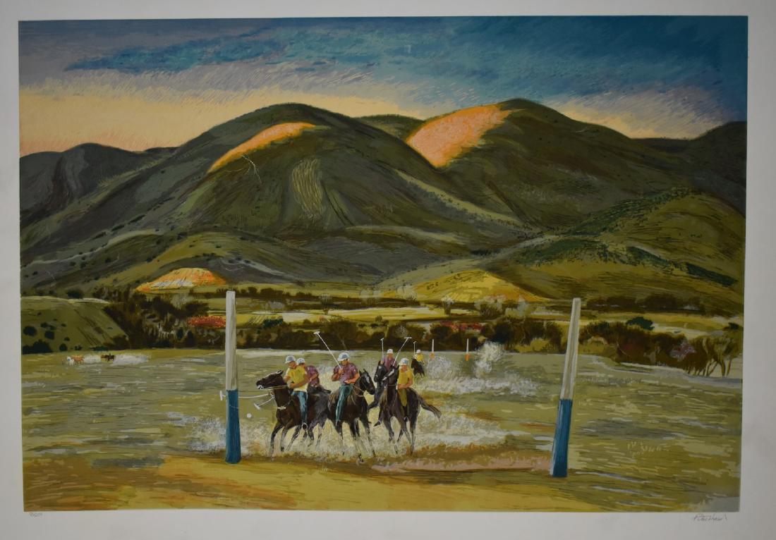 Peter Hurd; 20thC. Serigraph - A Practice Game Signed: Peter Hurd(1904-1984) Serigraph. A Practice Game. Pencil signed and numbered 96/250; Image size: 26in. X 37.5in. Overall size: 31.75in. X 43.5in. Embossed Circle Fine Arts stamp in margin