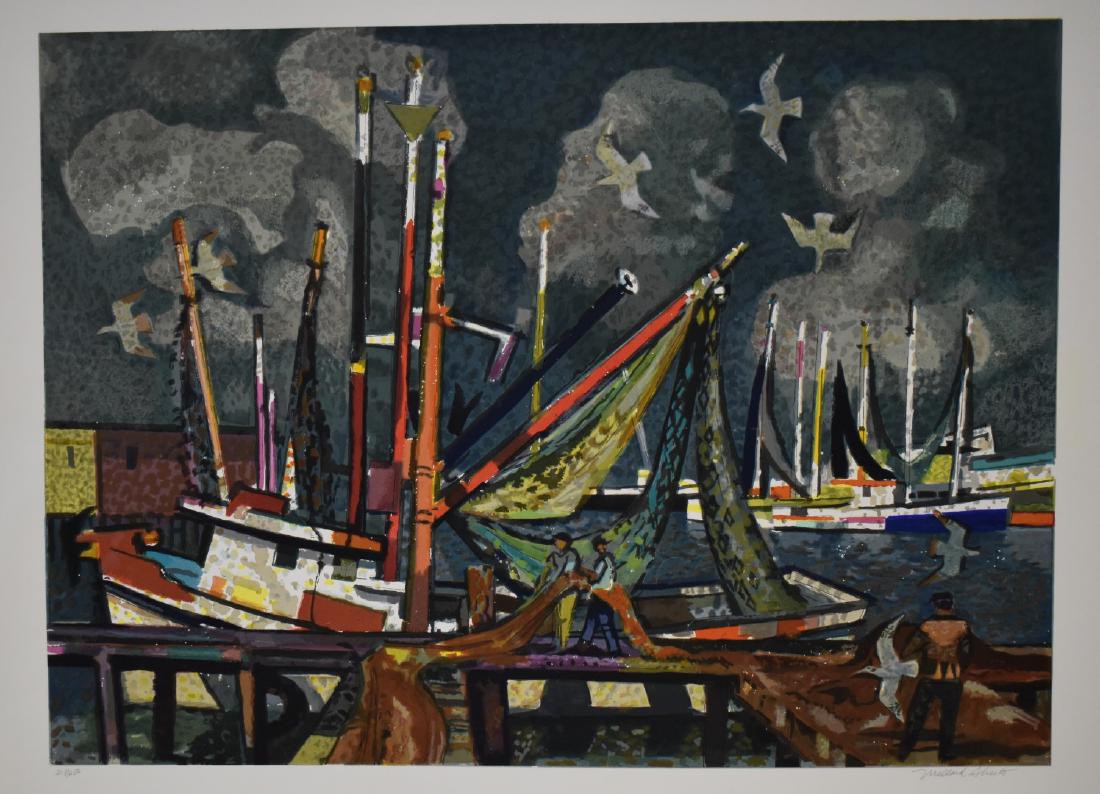 Millard Sheets; 20thC. Lithograph - Shrimp Boats Signed: Millard Sheets(1907-1989) Color lithograph. Shrimp Boats. Pencil signed and numbered 218/250; Image size: 21.75n. X 29.75in. Overall size: 27in. X 35in. Embossed Circle Fine Arts stamp in margin