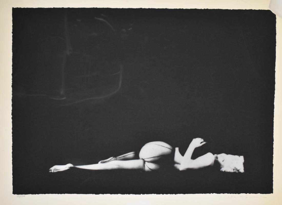 Milton Greene; 20thC. Photo- Silkscreen Signed: Milton H. Greene(1922-1985) Photo- silkscreen. Marilyn Monroe from the Black Sitting II. Pencil signed and numbered 189/300; Image size: 29in. X 41in. Overall size: 35in. X 46in. Embossed Circle Fine 