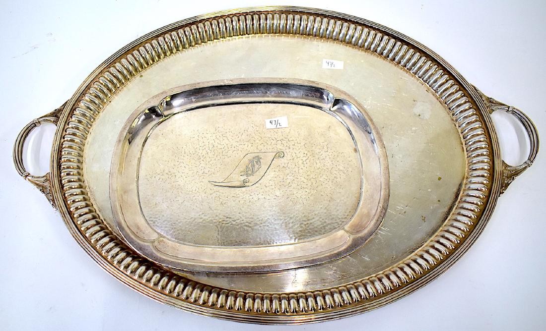 Christofle Tray and a Second: Christofle Tray, Marked and a double handled silver plated tray. 12"L x 9"W. 24"L. x 15"W.