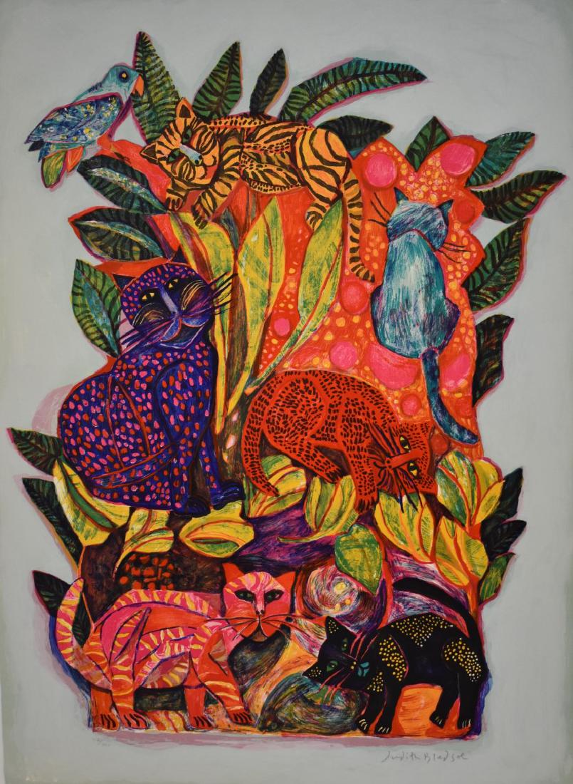 Judith Bledsoe; 20thC. Lithograph - Kats Kin Signed: Judith Bledsoe(20thC.) color lithograph. Kats Kin. Pencil signed and numbered 112/300; Image size: 30.5in. X 23in. Overall size: 35in. X 25.75in.Embossed Circle Fine Arts stamp in margin