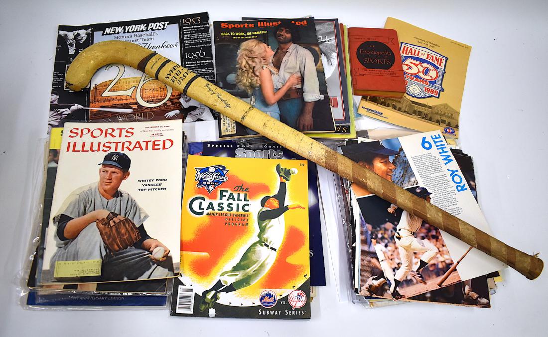 1950's Sports Magazines together with Hockey Stick: Included in the lot is Sports Illustrated Sept. 10 1956;; Sept. 23, 1968; World Series 1978 Official Program; Basketball 1954; 1958 Phillies Scorecard; 1957 Dec. 9th Sports Illustrated ; March 26th 19