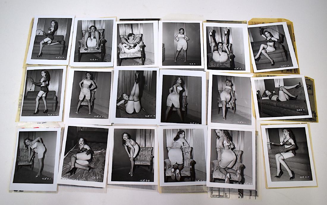 Vintage Pin Up Photos and Negatives. Ruth B. (34): Marked Ruth B 2 thru 18 consecutively. Each photograph with an original saucy pin up negative from which it was printed. From The Irving Klaw Studio. 4 x 6. 34 items in the lot, 17 original negatives 