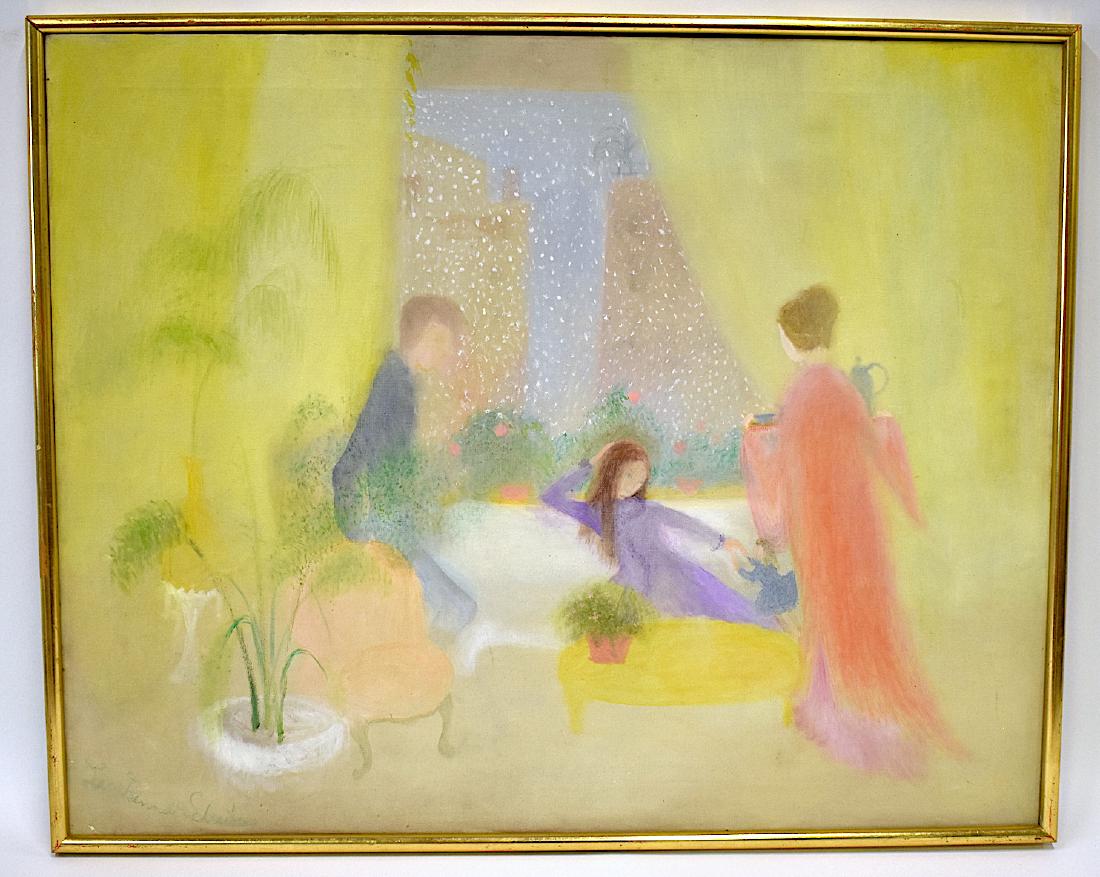 Schreiber, Lee Bennett. Oil. From "Yellow Sofa" Series: Shreiber, Lee Bennett (20th C.). Oil on canvas from a series entitled "The Yellow Sofa" . Signed lower left and framed. This artist has auction results including at a sale of contemporary art at Sothe