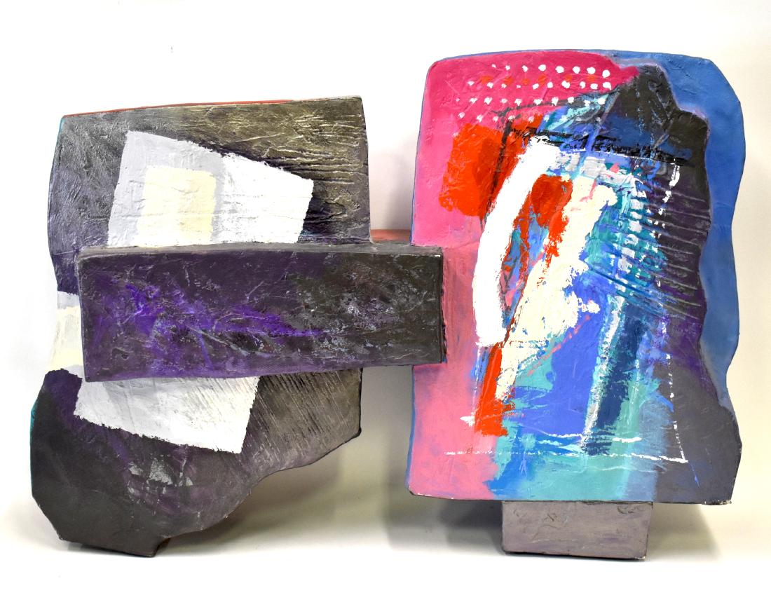 Calman Shemi; 20thC. Israeli Sculpture Signed: Painted plaster of pairs and wood. Connection. Signed and inscribed with title at underside; 28in.H. x 36in.W. x 8in.D.