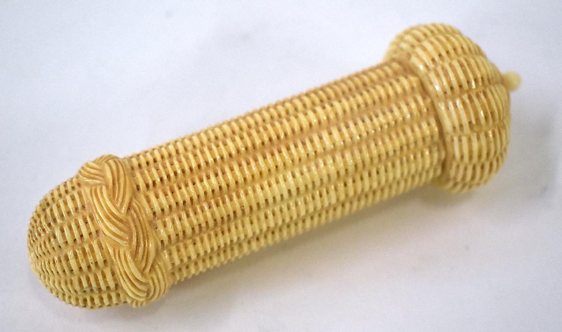 Oriental Carved Needle Case: Carved to simulate basket weave. 4 1/2'L