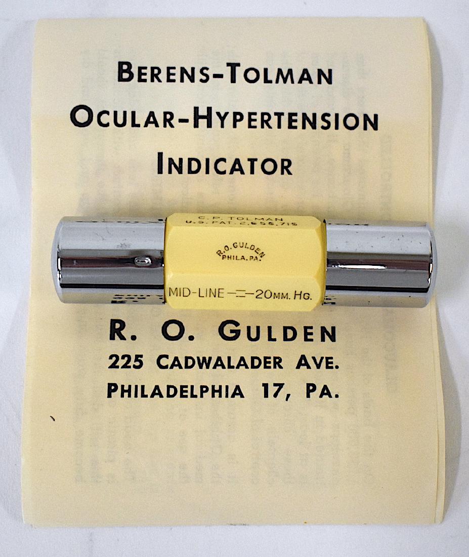 Bakelite & Chrome Ocular Hypertension Indicator.: Made by R. O. Gulden 225 Cadwalader Ave. Phil., Pa, this Bakelite mounted chrome case instrument is a Berens Tolman Ocular Hypertension Indicator. Berens-Tolman. Comes with original instructions for u