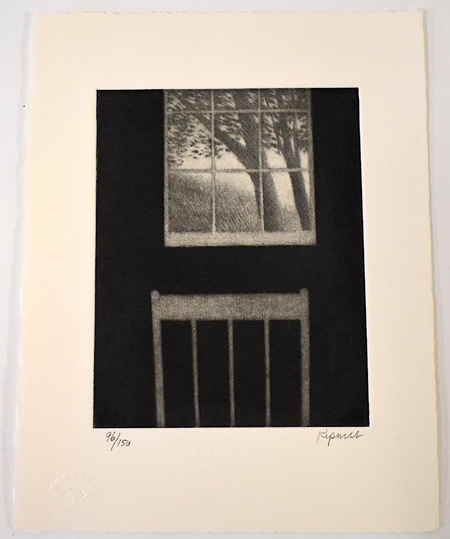 Robert Kipniss; 20thC. Mezzotint Signed: Robert Kipniss(b. 1931) mezzotint. Landscape with Window and Chair. 2000. Pencil signed and numbered 96/150; Image size: 4.5in. X 3.5in. Overall size: 7in. X 5.5in. Print Club of Albany special editio
