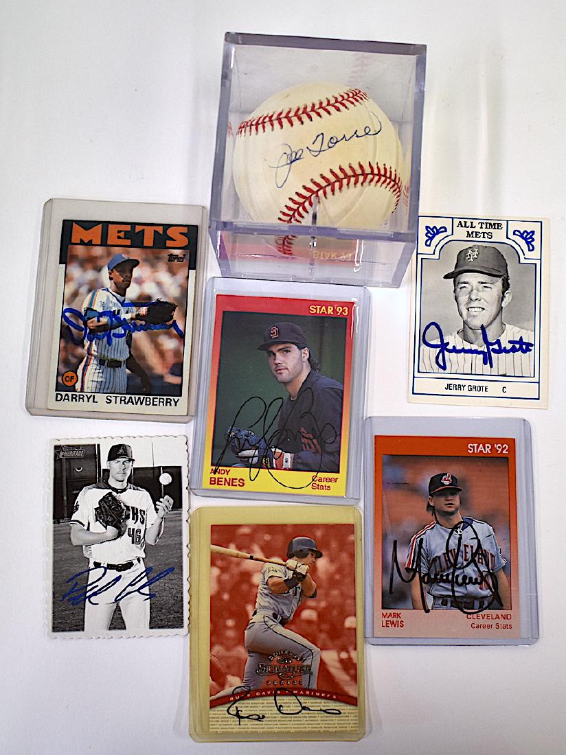 Joe Torre Autographed Baseball & 6 Other Autographs: The lot includes in addition to the Joe Torre baseball signed in ink, six other autographs, all on cards, Darryl Strawberry, Benes, Jerry Grote, Russ Davis, Pat Corbin and Mark Lewis. Seven items in t