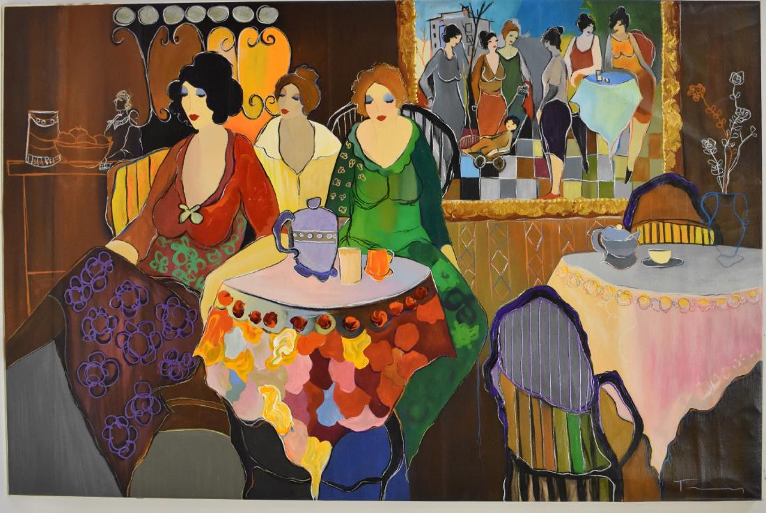 Itzchak Isaac Tarkay; 20thC. Serigraph - Parisian Cafe: Serigraph on canvas. Parisian Cafe. Signed l.r. and numbered 142/150; 30in. X 46in.