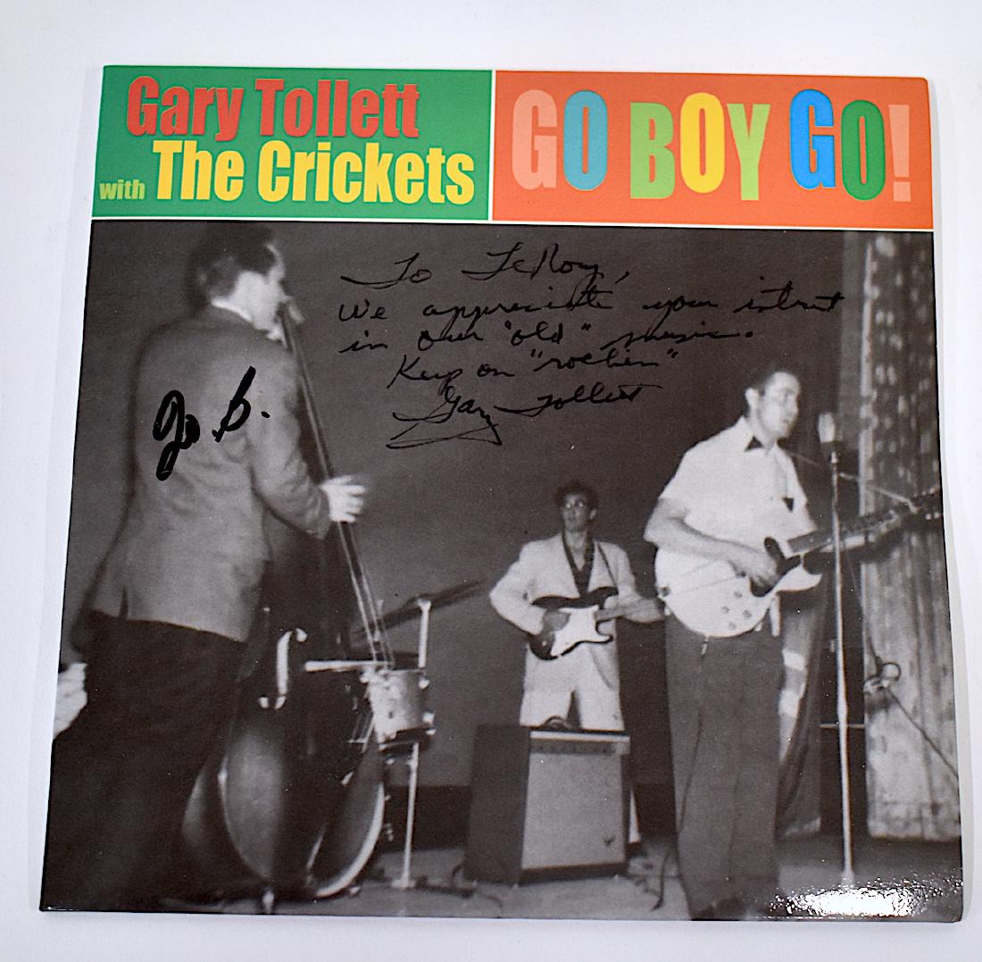 Autographed Crickets Album Cover. Gary Tollett: Autographed at the front side. "We appreciate your interest in our "old" music. Keep on "rockin" Gary Tollett. Autographed att he back side Thanks for your interest, Ramona Tollett, the only female Cr