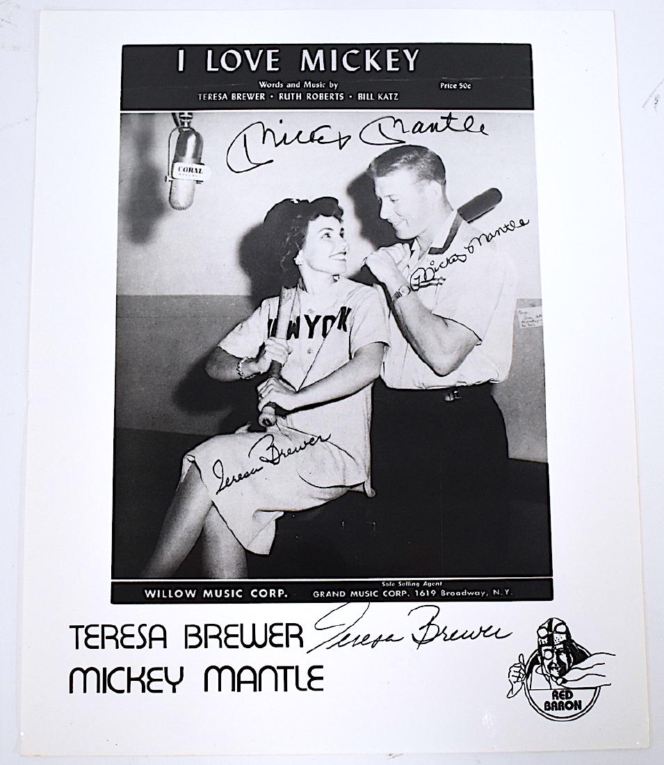 Mickey Mantle Theresa Brewer Signed Photograph: Promotional for Theresa Brewers recording of I Love Mickey Signed in the negative by both but then also signed in ink in larger script at top, Mickey Mantle and at bottom Theresa Brewer. 8 x 10