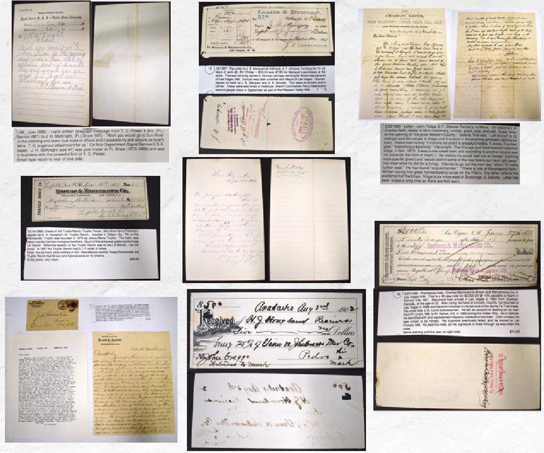 Western Ephemera , Documents , Letters. 1856-1893 (9): State of Texas Summons, 1856, Burleson Co. 1888 Promissory Note Las Vegas New Mexic0; 90 Day note for $2000. @ 10 %; 1887 Pay Order in the Arizona Territory , 19 days of work at .83 a day minus $7.65 