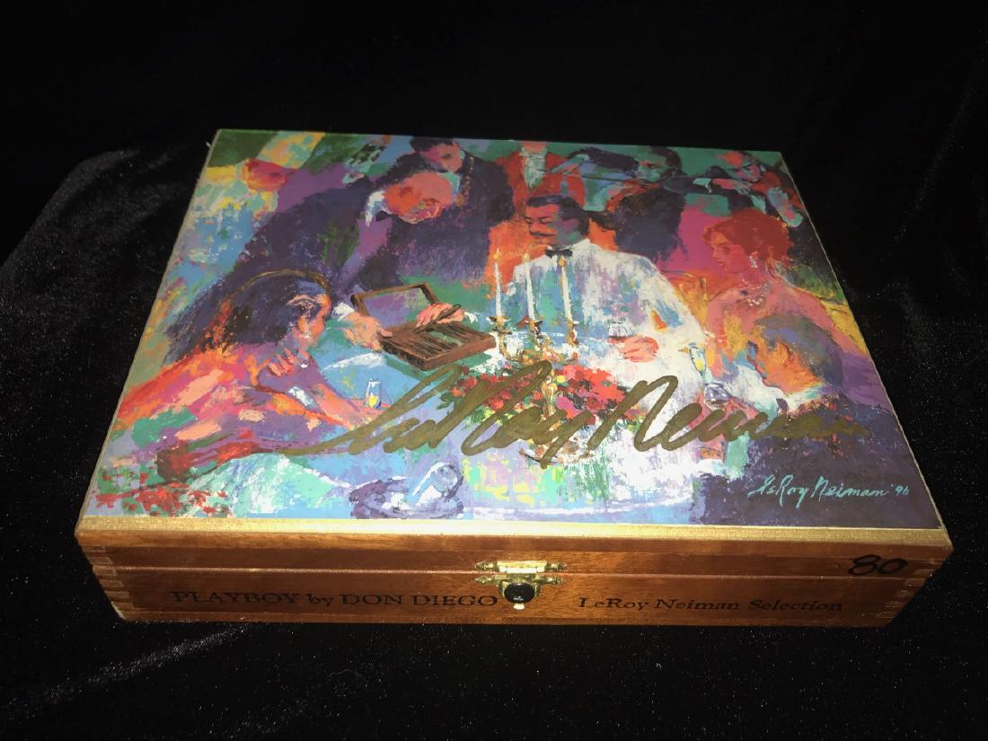 LeRoy Neiman Signed Cigar Box: Signed Playboy by Don Diego Cigar box, LeRoy Neiman Selection. Signed in large gold Sharpie by LeRoy Neiman. 9-3/4" x 7-3/4" x 2-1/4"