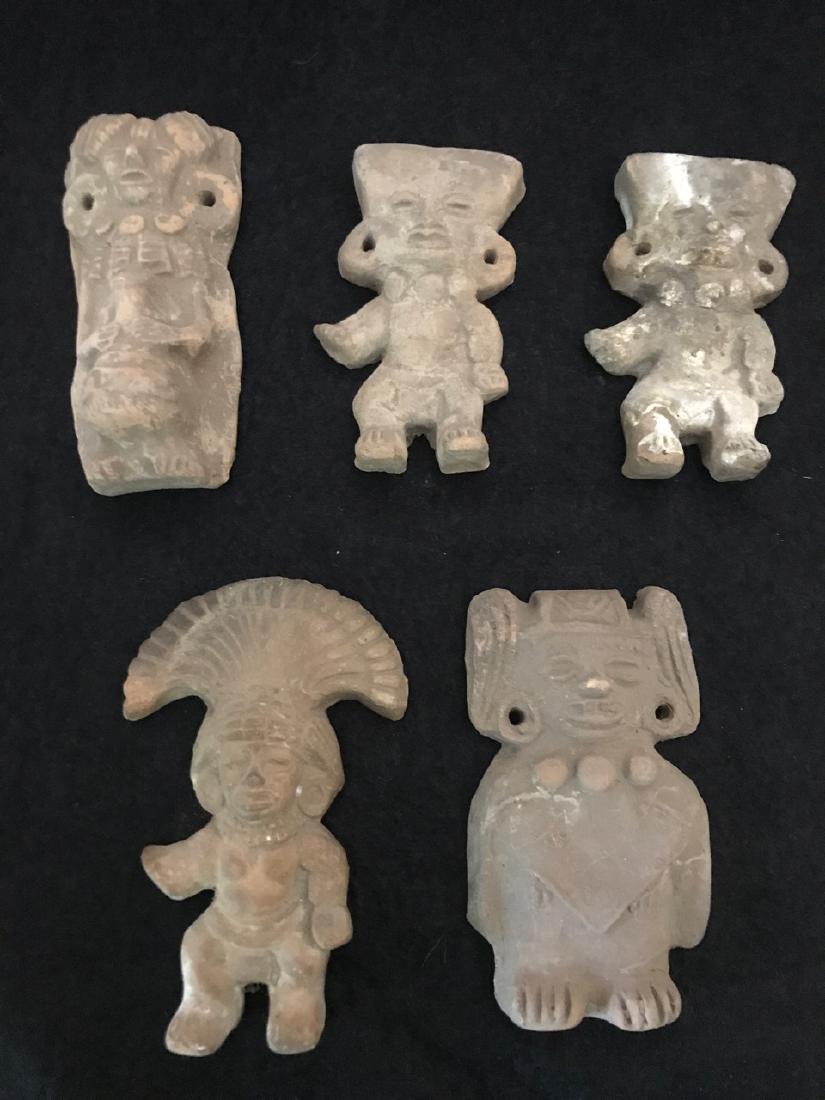 Pre-Columbian Mayan Clay Figures (5): One is holding a pot; two with out stretched arm are similar (one has had a repair); one with fan headdress; and one with arms at side. 4-1/4 H to 3-3/4" H