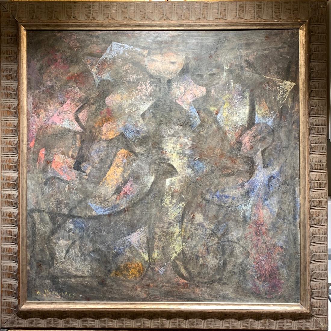 Armando Morales; 20thC. Latin American Oil La Familia: Oil on masonite. La Familia. Signed and dated '63(1963) l.l. and inscribed on reverse; 30in. x 30in.