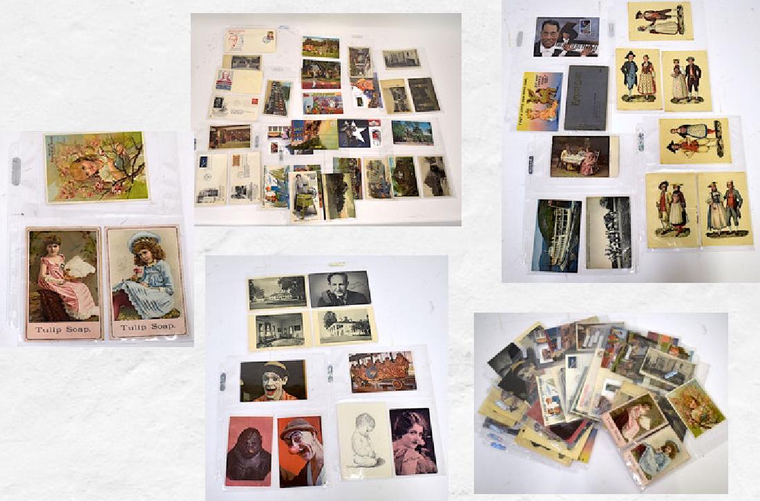 Lot of Trade Cardsm Postcards & First Day Covers (60): The lot includes various of the items from 1900-1980'sIncludes early trade cards for Sears 1915 Hi Speed Washing Machine; Tulip Soap Trade Cards. First Day Covers inc. Circus Hall of Fame etc. Approx.