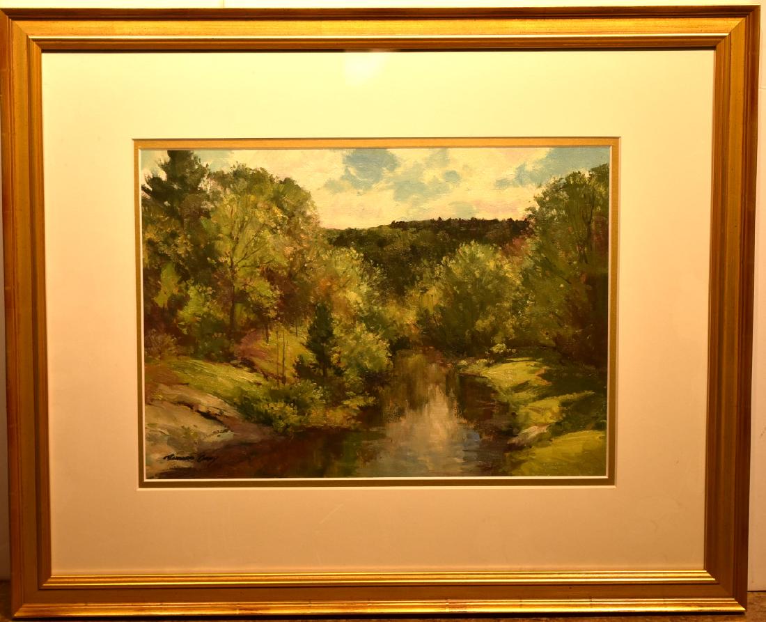 Bernard Corey; 20thC. American Oil Landscape Signed: Oil on board. A River Landscape. Signed l.l.; 10in. X 14in.(image size)