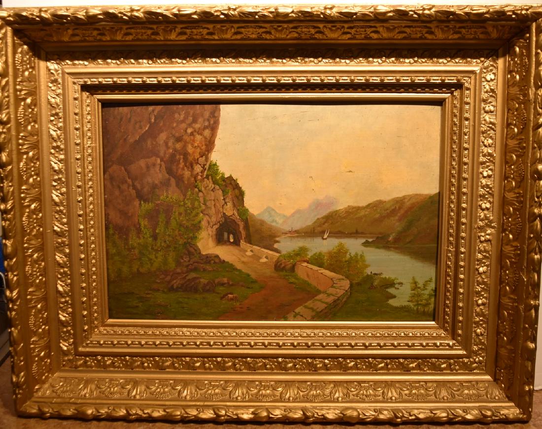 19thC. American School; Oil River Landscape: Oil on academy board. Mountaineous Path Above the River. Signed with initials JR in lower right; 12in. X 18.5in. (original ornate frame- repainted)