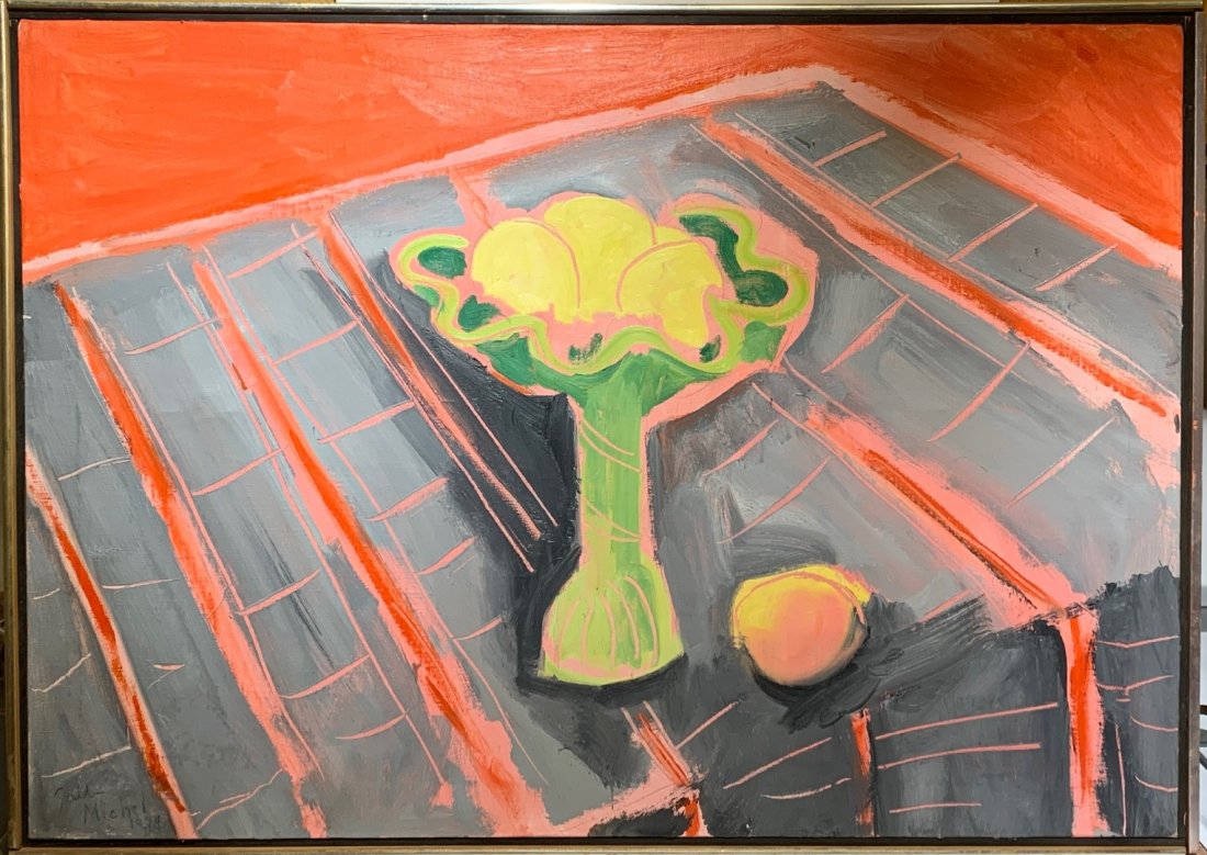 Sally Michel; 20thC. American Modernist Oil Still Life: Oil on canvas. Lemons in a Compote. Signed l.l. and dated 1974. Also inscribed with title, signed and dated on reverse; 24.5in. X 34in.