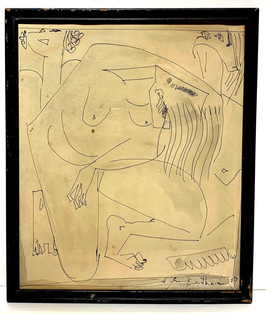 Helen Frankenthaler; 20thC. Modernist Ink Drawing Signe: Ink on paper. Crouching Nude. Signed l.r. and dated '59; 12in. X 10in.