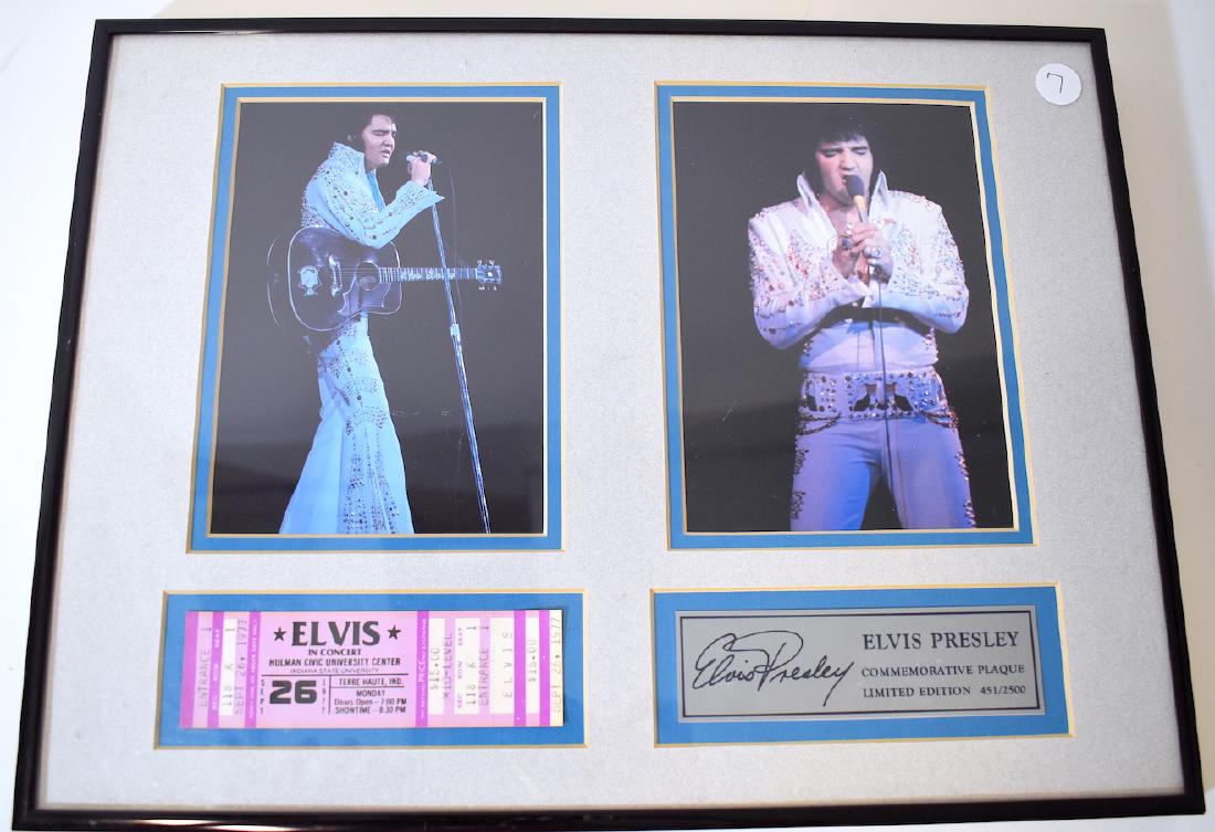 Elvis Ticket Stub and Photographs: Ticket Stub to Elvis in Concert at Mulman Civic University Center. Limited Edition. 451/2500. 12 1/4" x 16 1/4" Framed size. With certificated of authenticity.