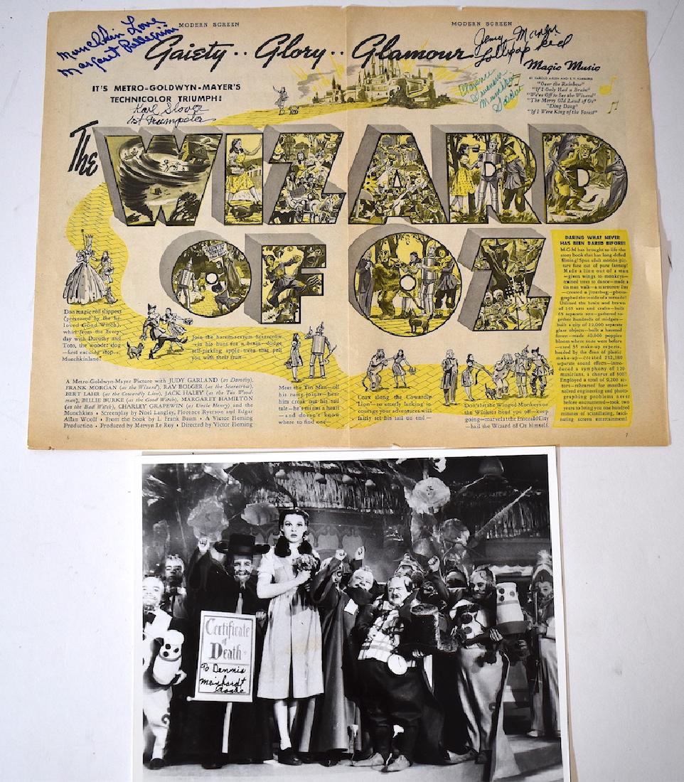 Magazine Sgd. by Four Munchkins & Coroner Photo Sgd.: Pellegrini, Scover , Maren and Swensen, all four Munchkins from The Wizard of Oz have all signed in ink on Modern Screen Magazine. With photo of Judy Garland and the Munchkins signed on Death Cretific