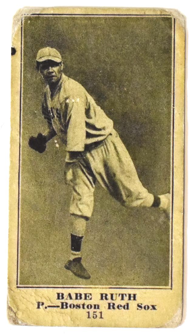 1914 Babe Ruth Baseball Card.: Marked at the fron Babe Ruth P-Boston Red Sox 151 and marked at the back Play Safe Boys In or Out of Season Always the Best Globe Dubbel-Hedder Suits Right Posture Suits The Globe 322-324 Market Stree