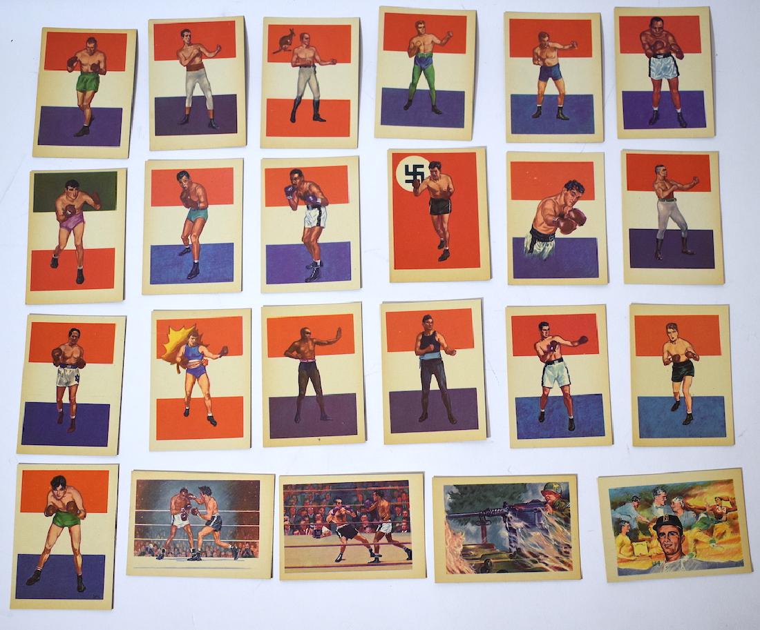 1956 Gum Adventure Boxing Cards Set 100: Rare complete set of 100 cards in excellent condition. . Boxing greats of the 1880's-1950's. Includes the high value Max Schmeling card #86. Highlights are boxers #32, Jack Johnson; #34 Kacl Dempdey;