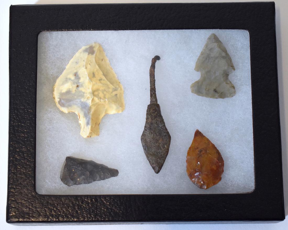 Ancient Projectile Points Oldest 30,000 B.C.: Five in the lot. Atevian point. Egypt. 45,000-30,000 B.C.; Colorful Neolithic point, West Sahara C. 5000-2000 B.C.; Bronze point from Luriston C. 800 B.C.; Obsidian point Teotihuacam Mexico C. 100-650