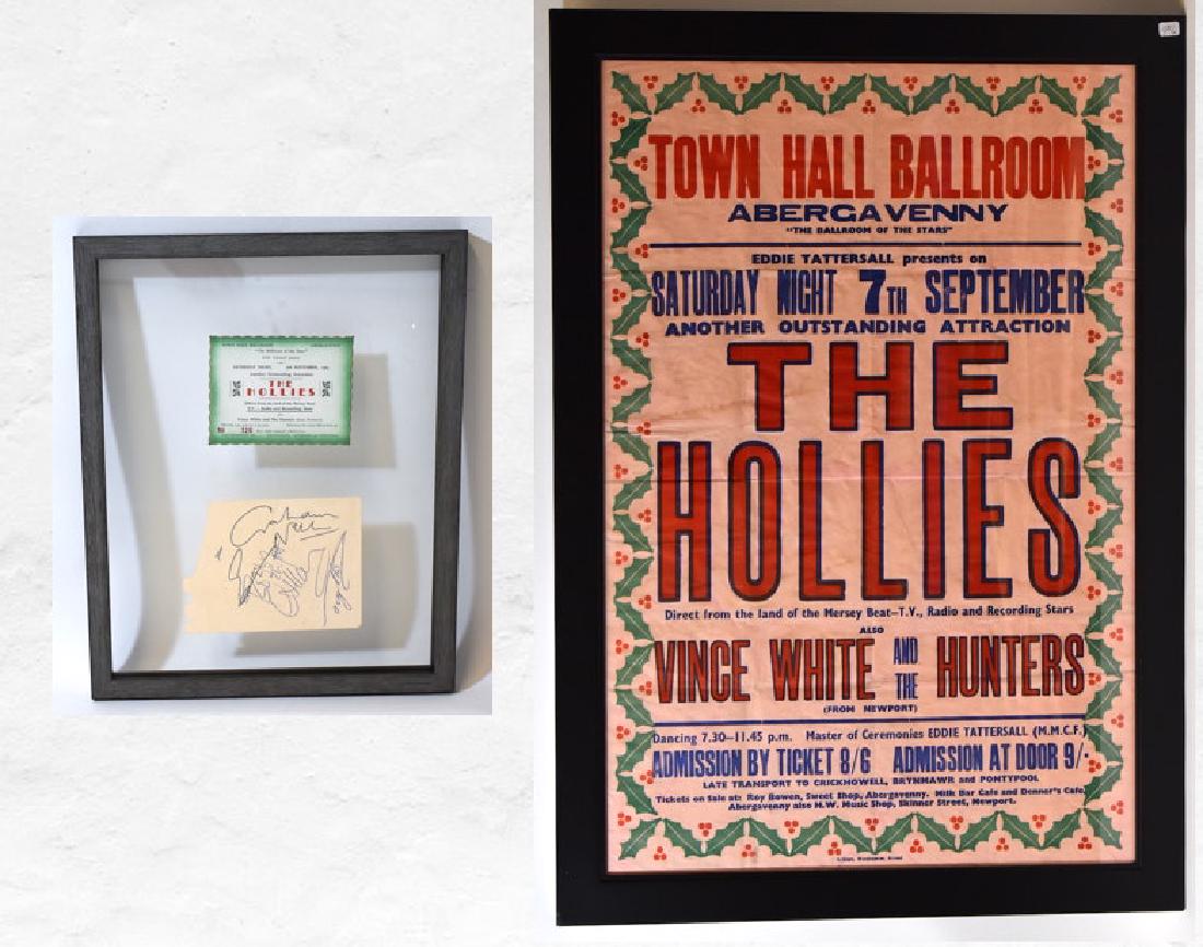 The Hollies Poster. Ticket. Autographs.: Autographs in various ink tones of Graham Nash, Bobby Elliott, Allan Clarke, Ray Stiles and Eric Haydock. Concert ticket for a 1963 event at Abergavenny's Town Hall. The lot also includes a poster for