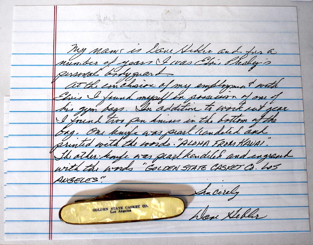 Elvis Presley's Mother of Pearl Pocket Knive with COA: From the Collection of Bodyguard Dave Hebler. White miother of pearl handle. Both blades marked USA. . Knife is printed with "Golden State Casket Co. Los Angeles". A hand written letter from Hebler st