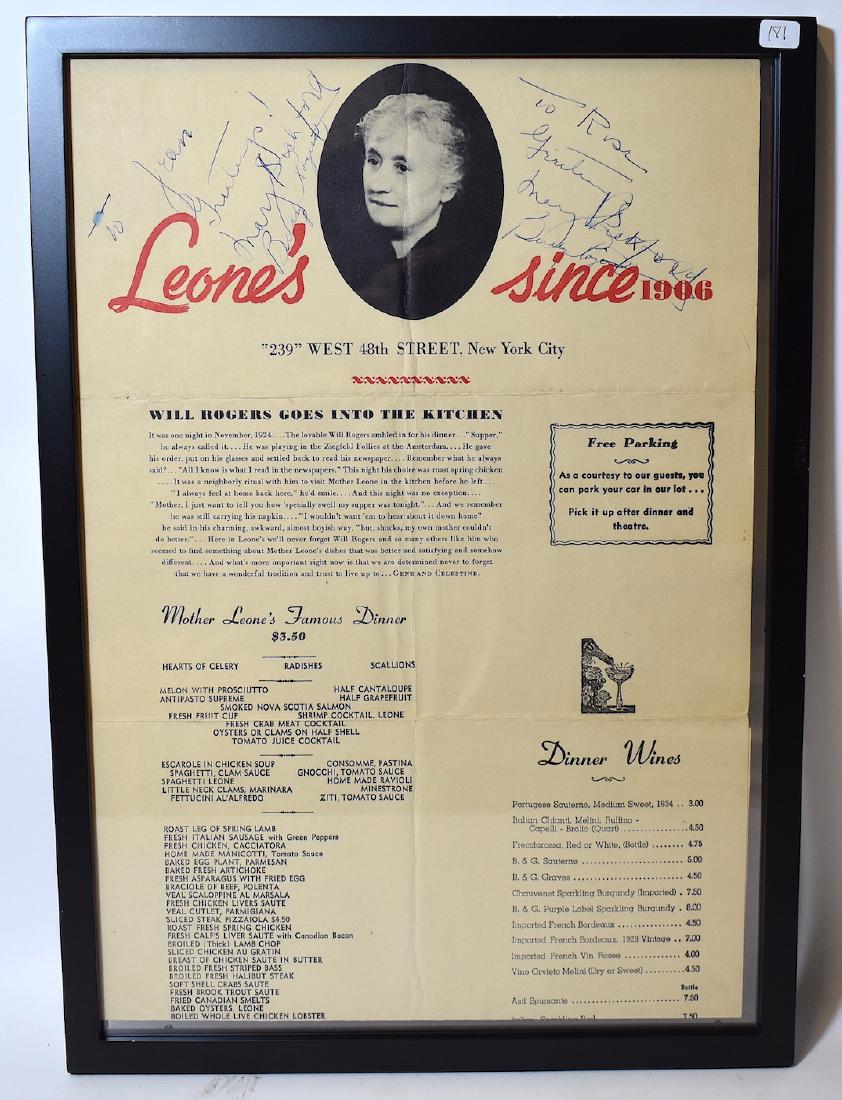 Mama Leone's Menu Signed Mary Pickford & Buddy Rogers.: Hand signed by Mary Pickford and Buddy Rogers in ink. 13" x 25"