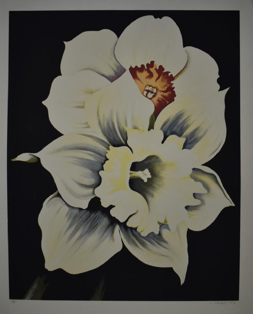 Lowell Nesbitt; 20thC. Serigraph - Two White Flowers: Lowell Blair Nesbitt, American (1933 - 1993) Title: Two White Flowers Year: 1978 Medium: Serigraph, signed and numbered in pencil Edition: 168/200 Image Size: 38 x 30 inches Size: 44 in. x 36 in. (111
