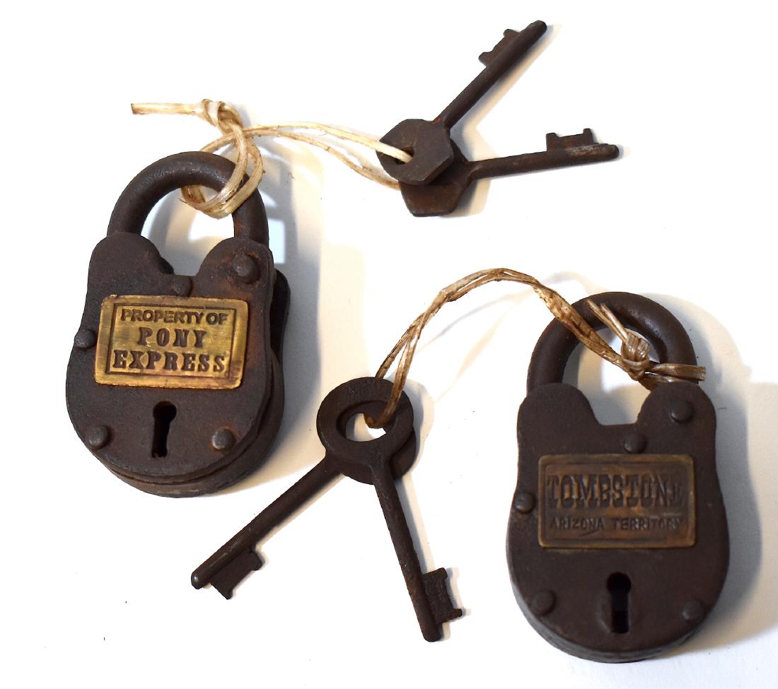 Pony Express & Tombstone Arizona Pad Locks: For Strongboxes.. Has rectangular plaque at the top side that reads Property of Pony Express. The second has plaque topside that reads Tombstone Arizona Terriitory. Not of the period. With keys. Both 